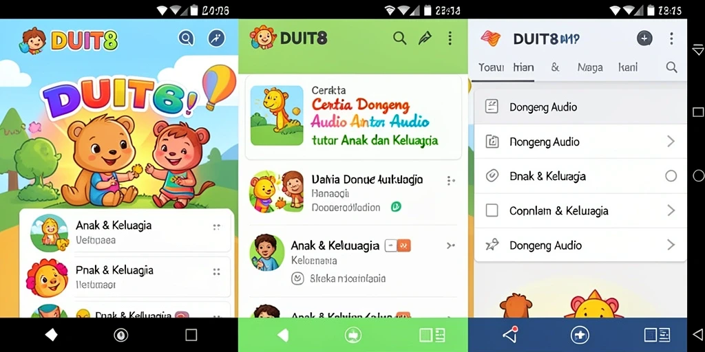 Tampilan antarmuka aplikasi <strong>DUIT8</strong> yang ramah anak dengan berbagai pilihan cerita.