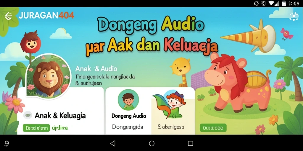 Tampilan antarmuka aplikasi JURAGAN404 dengan fitur Dongeng Audio.