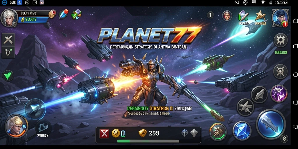 Antarmuka menarik game Strategy PLANET77 dengan elemen luar angkasa.